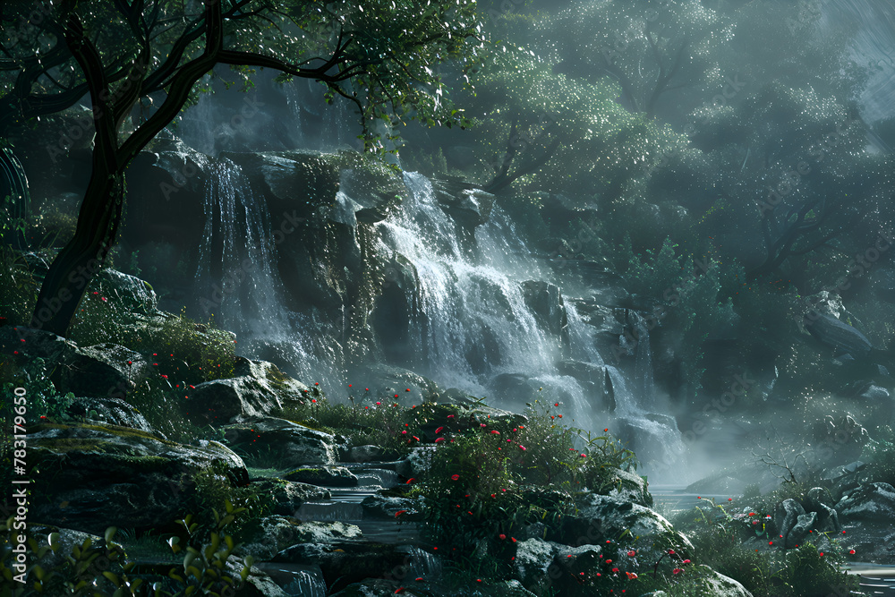 Aufkleber a forest with a waterfall and a stream. the water is flowing down the rocks and the trees are lush a