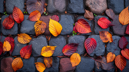 A brick walkway covered in autumn leaves