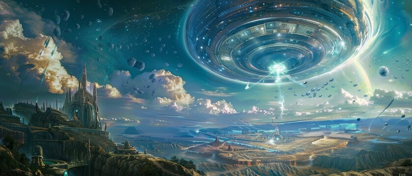 Intergalactic technology, pulsating energy source, destined interference in human evolution, unraveling the fabric of time and space, Panoramic view