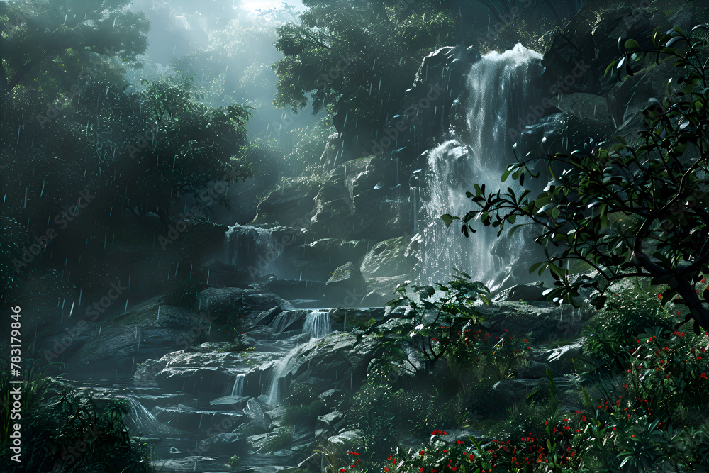 Poster a forest with a waterfall and a stream. the water is flowing down the rocks and the trees are lush a