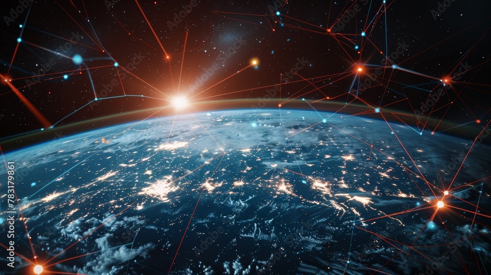 Poster planet with a network of lines connecting it to other planets. connections system and global datas e