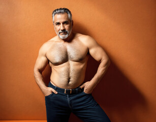 Fototapeta premium A man standing in front of a wall with his shirt off, exposing his chest.