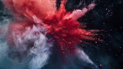 red and white explosion of dust and debris. The red and white colors are vibrant and eye-catching, creating a sense of energy and excitement. The image is dynamic and full of movement, as the dust - obrazy, fototapety, plakaty