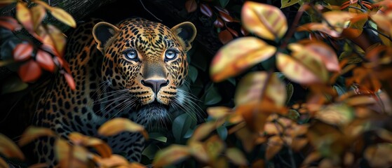 Leopard, Binoculars, Stealthy predator lurking among vibrant trees, eyes gleaming in the low light 3D render, Spotlight, Chromatic Aberration, Dutch angle view