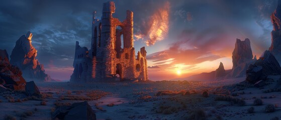Lonely Castle, Ancient Stone, Abandoned and Forgotten, Standing tall amidst a desolate landscape, Sunset glow, 3D render, Silhouette lighting, Vignette, Mirror shot - obrazy, fototapety, plakaty