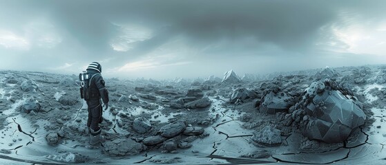 Lonely explorer, equipped with advanced tech, braving the extreme cold of a rogue planet Stark landscape of ice and rock stretches endlessly 3D render, overcast, motion blur, HDR, Fisheye lens view