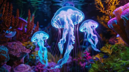Luminescent jellyfish, bioluminescent, floating gracefully in a neonlit underwater alien garden, surrounded by colorful coral structures Realistic, Underwater lighting effect