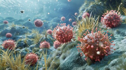 bunch of viruses are floating in the air. The viruses are brown and have a fuzzy appearance, Group of virus cells. 3D illustration, Coronavirus cells.