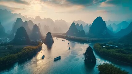 Landscape of Guilin, Li River and Karst mountains. Located near Yangshuo County, beautiful mountain range with a river running through it. water is calm and clear, trees are lush and green - obrazy, fototapety, plakaty