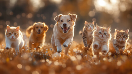 A group of dogs and cats running together in a field - obrazy, fototapety, plakaty