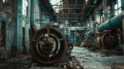 Keuken spatwand met foto Abandoned Machinery in Derelict Factory with Broken Windows and Rusty Equipment in Background © VICHIZH
