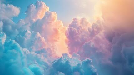 colorful sky with pink, blue and purple clouds. The sky is filled with fluffy clouds that look like they are made of cotton candy. The colors of the clouds create a dreamy and whimsical atmosphere - obrazy, fototapety, plakaty