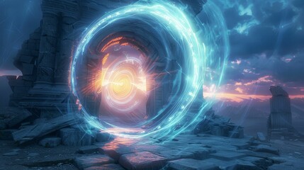 Magical portal, swirling vortex, ethereal glow, mystical ruins, realistic, backlighting, chromatic aberration, Closeup shot - obrazy, fototapety, plakaty