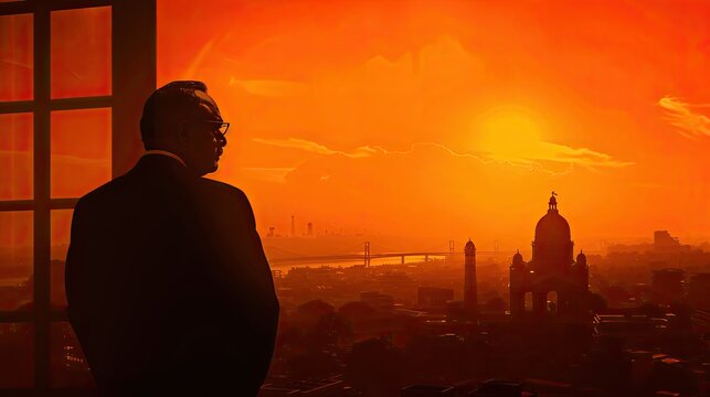 banner background National Ambedkar Jayanti Day theme, and wide copy space, Silhouette of Dr. Ambedkar with the Constitution of India in the background, for banner,