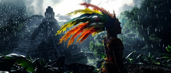 Mayan Warrior, colorful feathers, fierce protector of sacred temples, navigating through dense jungle ruins of Tikal during a rainstorm 3D Render, Backlights, Motion Blur, Silhouette shot