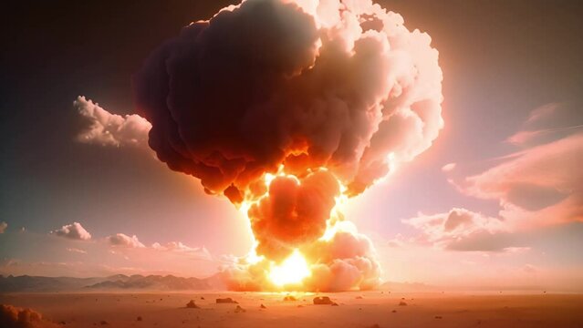 Huge nuclear bomb explosion with a mushroom cloud, weapon of mass destruction. Nuclear explosion war zone. Atomic bomb weapon disaster 4k video