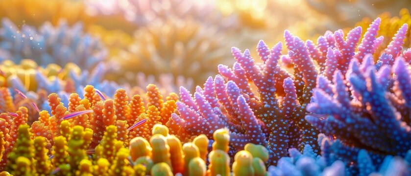 Microbiome, microscopic creatures, vital for human health, thriving in a colorful coral reef teeming with life, under the golden hour light, captured in a realistic render