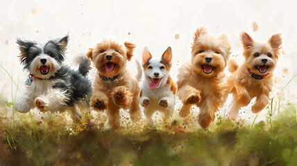 A group of five dogs are running in a field