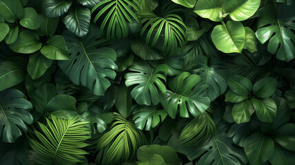 A lush green forest with many leaves and vines