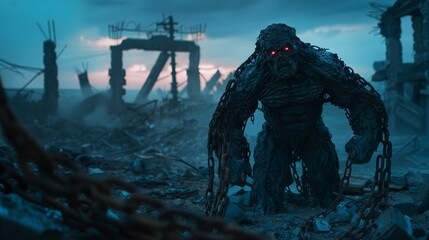 Naklejka premium Mutant Creature, Rusty Chains, Defiant Gaze, standing amidst ruins, in a postapocalyptic wasteland, Realistic Photography, Silhouette Lighting, Chromatic Aberration, Macro shot