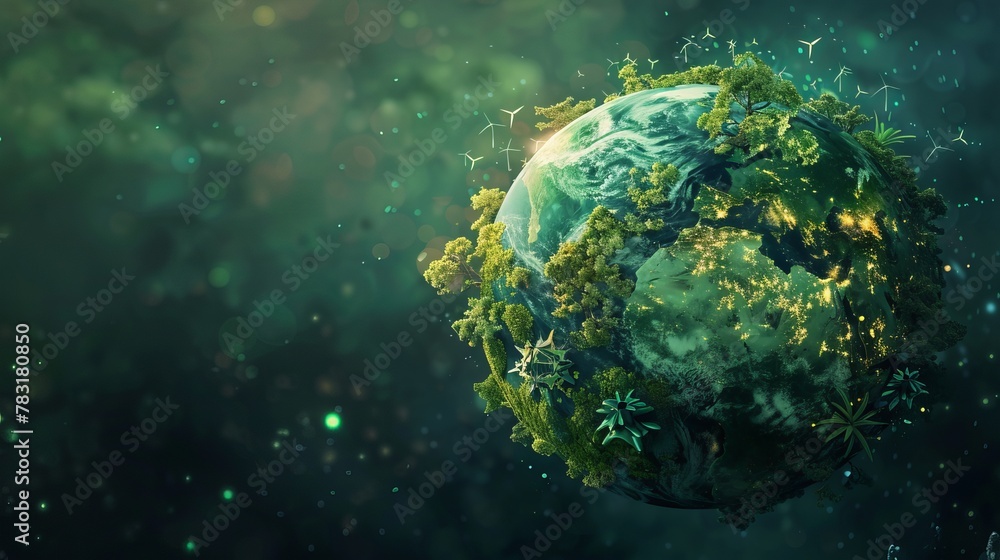 Poster digital rendering of a green earth with renewable energy sources as symbols of resilience, fortifyin