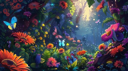 Digital painting of a magical garden with whimsical creatures - obrazy, fototapety, plakaty