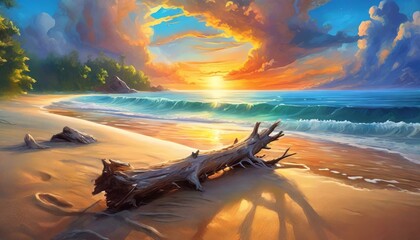 A dream-like sandy beach with light shining in from the sky creating a fantastic and beautiful atmosphere. Driftwood has a deep flavor. - obrazy, fototapety, plakaty