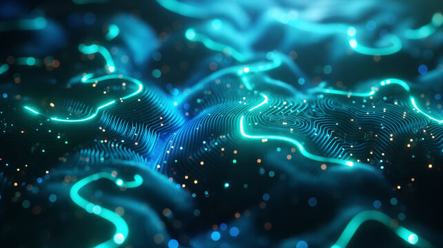 A blue and green image with a lot of glowing lines and dots