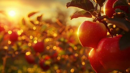 Mystical harvest, Celestial apples, fruits of destiny whispering secrets of tomorrow, in a surreal orchard where dreams and reality unite 3D render, Golden hour, Lens Flare, Silhouette shot - obrazy, fototapety, plakaty