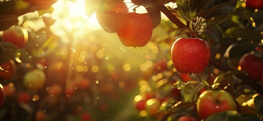 Mystical harvest, Celestial apples, fruits of destiny whispering secrets of tomorrow, in a surreal orchard where dreams and reality unite 3D render, Golden hour, Lens Flare, Silhouette shot