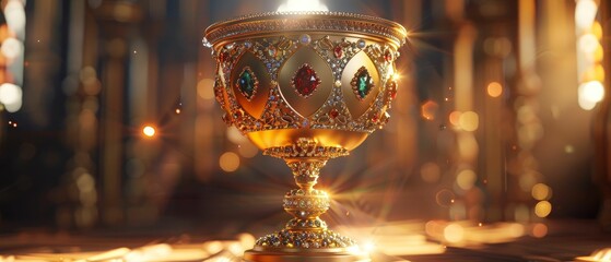Mythical chalice, adorned with jewels, grants endless joy to the drinker, overflowing with their favorite drink A 3D render with golden hour lighting and lens flare , Frontal view - obrazy, fototapety, plakaty