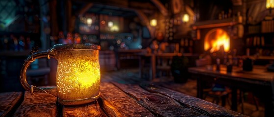 Fototapeta na wymiar Mystical mug, glowing softly, radiates warmth and comfort Nestled in a cozy tavern, with a fire crackling in the hearth Photography, captured in a cozy, dimly lit ambiance
