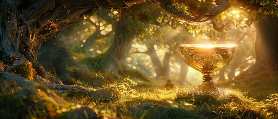 Mythical chalice, shimmering, always full, beckons with golden fluid Situated in a lush, enchanted forest, under a canopy of ancient trees Realistic, golden hour lighting - obrazy, fototapety, plakaty