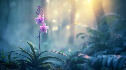 Orchid, ethereal beauty, Lost in a misty magical forest, Soft glowing sunlight, Digital art, Bokeh effect, HDR, Tilted angle vie