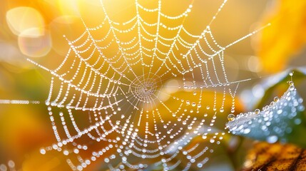 Intricate Beauty: Dew Drops on Spider Web at Sunrise, generative ai