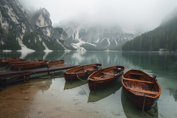 Three wooden boats on a mountain lake shore, surrounded by natural landscape