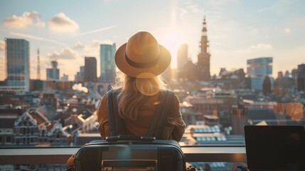Remote work, suitcase, independence, exploring urban jungles, city skyline background, sunny weather, photography, backlighting, Dutch angle view - obrazy, fototapety, plakaty