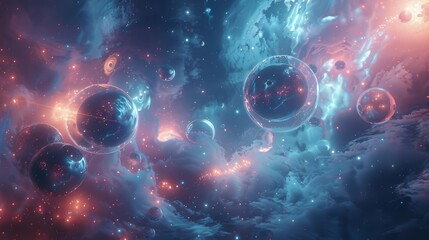 Ethereal 3D scene with glowing orbs and celestial bodies - obrazy, fototapety, plakaty