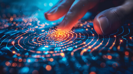 Close-up of a human finger touching a glowing fingerprint sensor on a digital interface, depicting secure biometric authentication. - obrazy, fototapety, plakaty