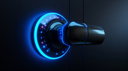 Close-up of a futuristic door handle with glowing blue biometric access control, symbolizing advanced security technology.