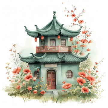 recommend clip art: Cute watercolor pagoda house on white background, spring flowers