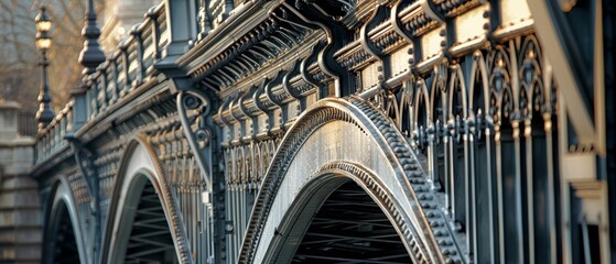 Showcasing the architectural beauty of bridges with a focus on their intricate ironwork details in a closeup view, Overtheshoulder shot - obrazy, fototapety, plakaty