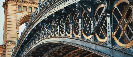 Showcasing the architectural beauty of bridges with a focus on their intricate ironwork details in a closeup view, Overtheshoulder shot