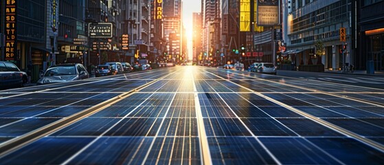Solar Panel Streets, futuristic metropolis, renewable energy revolution in urban landscapes, streets lined with solar panels, city evolving into a sustainable grid - obrazy, fototapety, plakaty