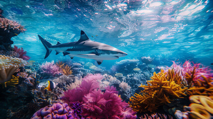 Fototapeta na wymiar Under the ocean's surface, a shark patrols a stunning coral reef bathed in sunlight, creating a breathtaking underwater scene.