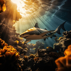 Shark. Predator. Danger. Undersea world. Generative AI - obrazy, fototapety, plakaty