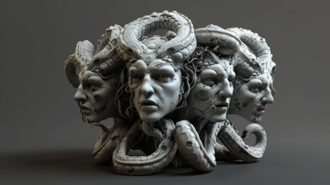 A multi-faced sculpture inspired by ancient Greek mythology, with intricate serpentine hair intertwining around the heads.