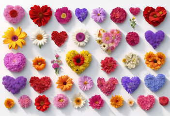 Fototapeta premium Expressions of Affection: Assortment of Floral Hearts on White Background