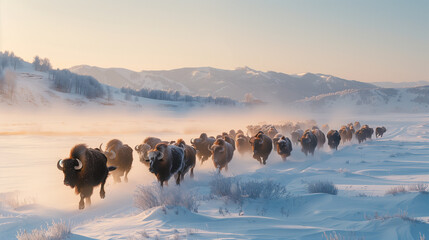 A serene winter scene capturing a herd of yaks making their way across a snowy landscape bathed in the warm glow of sunrise.
