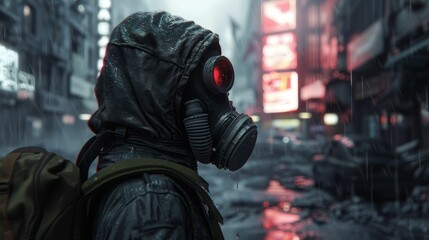 Fototapeta na wymiar Survivor, Gas Mask, Determined Stare, scavenging for supplies in a crumbling metropolis, during a torrential downpour, 3D Render, Backlights, Depth of Field Bokeh Effect, Rear view